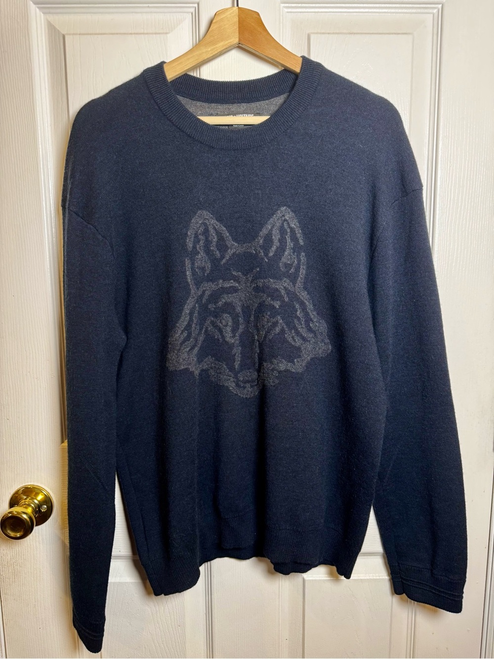 Zadig & Voltaire Raphael Bis Wool Intarsia Wolf Sweater Navy Men’s Medium EUC